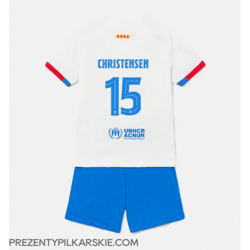 Stroje piłkarskie Barcelona Andreas Christensen #15 Koszulka Wyjazdowej dla dzieci 2023-24 Krótki Rękaw (+ szorty)